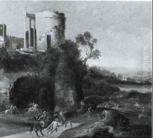 An Extensive Landscape With A Cavalry Battle Between Roman Soldiers Beneath Classical Ruins An Extensive Landscape With A Cavalry Battle Between Roman Soldiers Beneath Classical Ruins