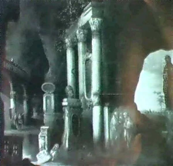 Travellers Admiring Classical Ruins In A Grotto - view 1