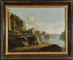 Ideale Flusslandschaft Mit Ruinen Und Wanderern