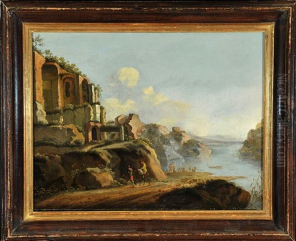 Fluss In Felsiger Landschaft Mit Ruinen Und Wanderern Am Ufer - view 1