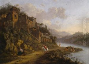 Reiter Auf Einem Uferpfad Vor Einer Stadt In Der Romischen Campagna