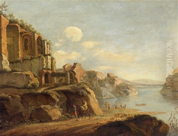 Sudliche Flusslandschaft Mit Antiken Ruinen Und Reisenden - view 1