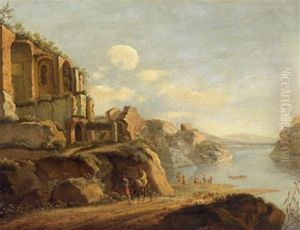 Sudliche Flusslandschaft Mit Antiken Ruinen Und Reisenden by Horatius de Hooch