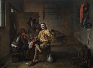 A Guardroom Interior With Soldiers And A Woman Playing Cards by Pieter De Hooch