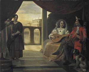 An Elegant Couple Playing Music On A Terrace Looking Out Over A Canal, With A Maid Pouring Wine by Pieter De Hooch