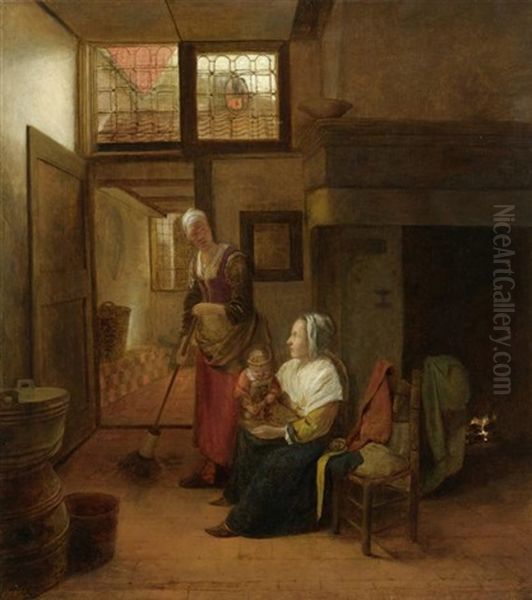 Interieur Mit Mutter Und Kind Und Einer Fegenden Dienerin - view 1