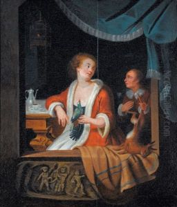 Fensterausschnitt Mit Frau, Papagei Und Diener