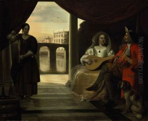 An Elegant Couple Playing Music On A Terrace Looking Out Over A Canal With A Maid Pouring Wine