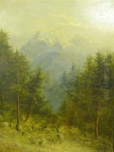 An Alpine Scene With Fir Trees And Mountain Tops by Samuel John Barnes