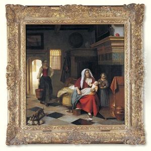An Interior With A Mother And Her Children Before A Fireplace, A Maid Carrying A Pail Of Water Behind