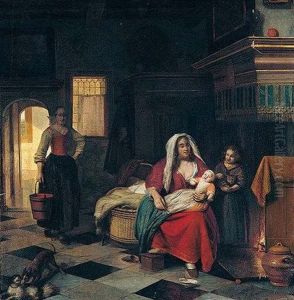 A Domestic Interior With A Mother Nursing Her Children Before A Fireplace, A Maid Carrying A Pail Of Water Behind by Pieter De Hooch