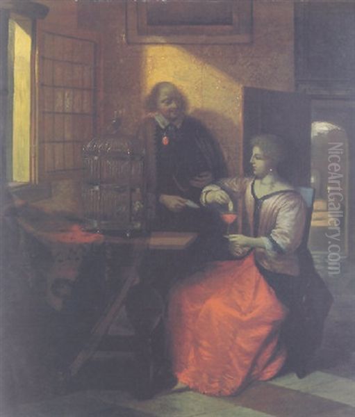 A Lady Feeding A Parrot With A Gentleman Handing Her A Letter In An Interior, A Courtyard Beyond - view 1