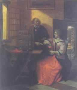 A Lady Feeding A Parrot With A Gentleman Handing Her A Letter In An Interior, A Courtyard Beyond