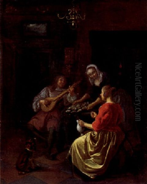 Interieur Mit Mann Und Frau Beim Austermahl - view 1