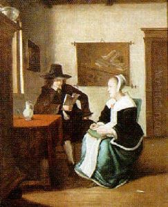 Interior With A Man Reading To A Seated Woman by Pieter De Hooch
