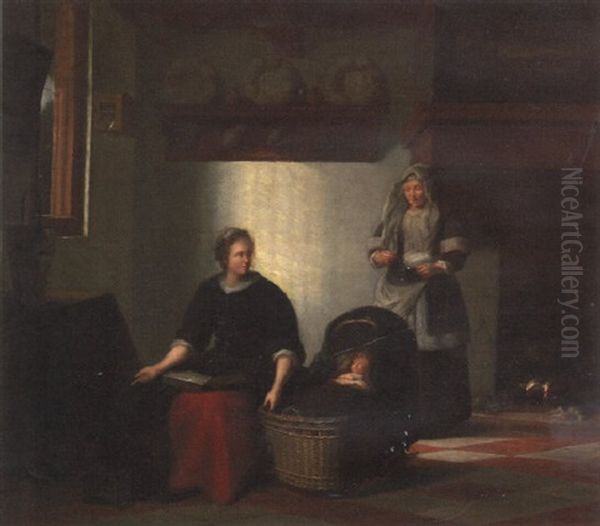 A Lady Rocking A Cradle By A Brazier With A Maidservant In An Interior - view 1