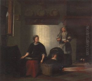 A Lady Rocking A Cradle By A Brazier With A Maidservant In An Interior