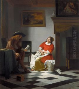 A Gentleman Reading A Letter To His Wife (?) In An Interior by Pieter De Hooch