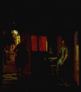 Hallway Of A House With A Maidservant And A Young Lady Greeting A Gentleman At The Door by Pieter De Hooch