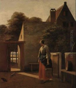 A Man With A Broom And A Pail In A Sunlit Courtyard