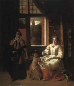 Woman Sewing By A Window With A Maidservant And Child by Pieter De Hooch