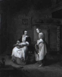 Maid Holding A Bucket And Presenting A Salmon To A Seated Woman