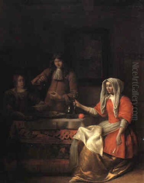 Interior With A Man And A Woman Eating Oysters At A Table With A Woman - view 1