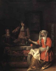 Interior With A Man And A Woman Eating Oysters At A Table With A Woman by Pieter De Hooch