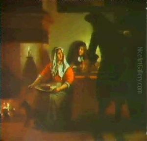 An Interior By Night With A Woman Seated By A Fire And Two  Soldiers Playing