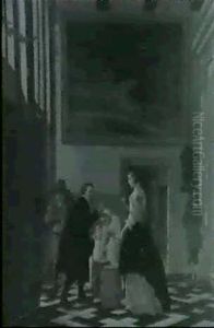 An Interieur With A Lady Holding An Orange, Other           Figures Inspecting Barrels