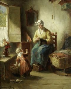 Mother And Child In Interior by Bernard Johann De Hoog