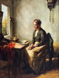 Woman Saying Grace At Table by Bernard Johann De Hoog