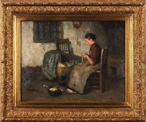 Peeling Vegetables'; A Cottage Interior Scene With A Mother And A Child In A Cot - view 1