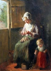 Interior With Woman Peeling Onions And A Child