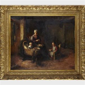 Mother Feeding Her Children In A Kitchen Interior