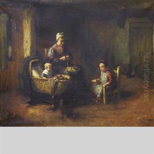 Mother Feeding Her Children In A Kitchen Interior