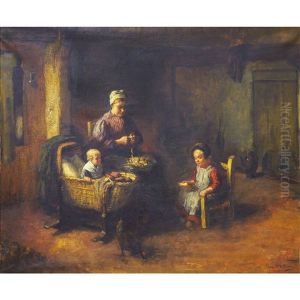 Mother Feeding Her Children In A Kitchen Interior by Bernard Johann De Hoog