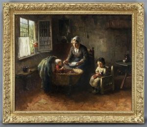 Interior Scene With Mother Feeding Her Children