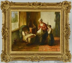 Genre Scene Depicting A Mother Sewing by Bernard Johann De Hoog
