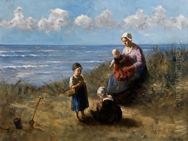 Mutter Mit Spielenden Kindern An Einem Hollandischen Strand Unter Sommerwolken - view 1