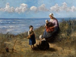 Mutter Mit Spielenden Kindern An Einem Hollandischen Strand Unter Sommerwolken by Bernard Johann De Hoog