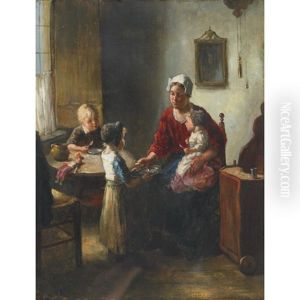 Helping Mother Feed Younger Sister by Bernard Johann De Hoog