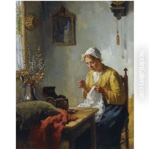 Doing Needlework By The Window by Bernard Johann De Hoog