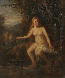 Am Wasser Sitzender Weiblicher Akt Mit Tuch Am Wasser Sitzender Weiblicher Akt Mit Tuch