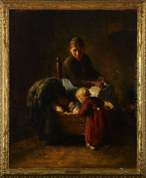 A Mother Knitting With Her Two Children At Her Side - view 1
