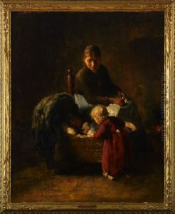 A Mother Knitting With Her Two Children At Her Side by Bernard Johann De Hoog