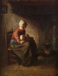 Mother And Child Beside The Fire