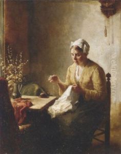 A Woman Sewing In An Interior by Bernard Johann De Hoog