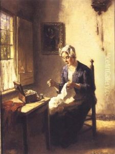 A Lady Sewing In An Interior by Bernard Johann De Hoog