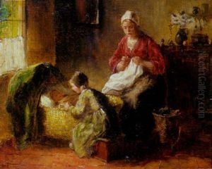 A Cottage Interior With A Mother, Child And A Baby by Bernard Johann De Hoog